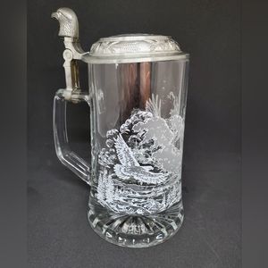 Vintage Domex Etched Eagle Design Glass Stein/Tankard With Pewter Lid